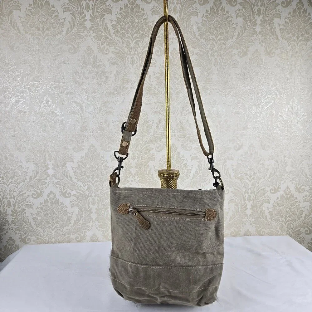 Myra Bag Crossbody Canvas Leather Hairon Crossbody Bag Neutrals Adj Strap NWT